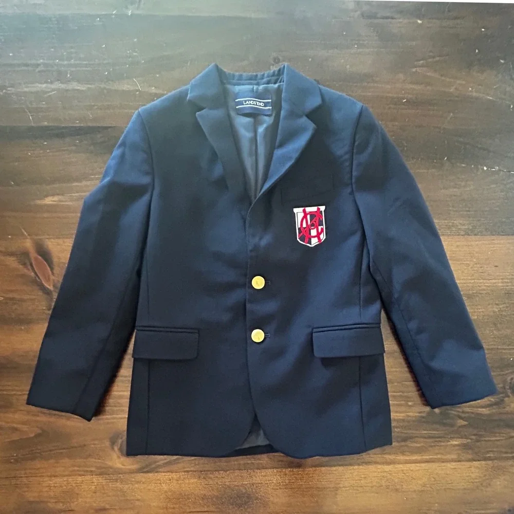 Lands End Navy Blue School Blazer Gold Buttons Boys Size 8 Cedar Hill Prep Patch